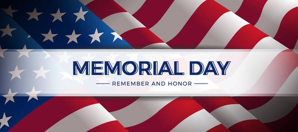 Memorial day usa remember and honor text on white tab banner on waving American Flag texture background vector design - Vetor, Imagem