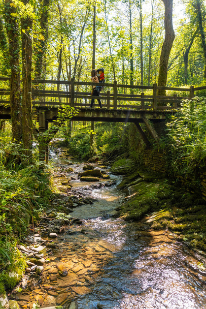A mother with her son in her backpack crossing a wooden bridge in the Pagoeta park in Aia, Guipuzcoa. Basque Country - Фото, изображение