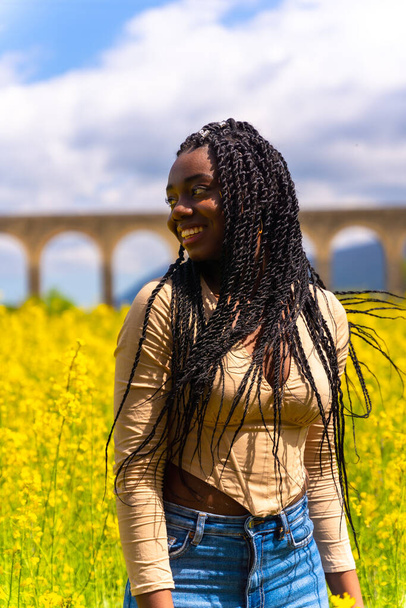 Yaşam tarzı, hareketli saçlar, sarı çiçekli bir tarlada örgülü siyah etnik kız portresi. - Fotoğraf, Görsel