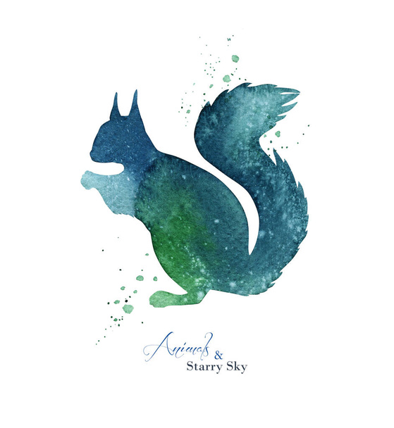 Watercolor squirrel silhouette. Abstract green silhouette background. Ink splashes - Fotografie, Obrázek
