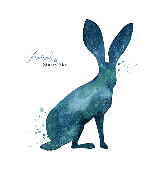 Watercolor rabbit silhouette. Abstract green, blue silhouette background. Ink splashes - Фото, изображение