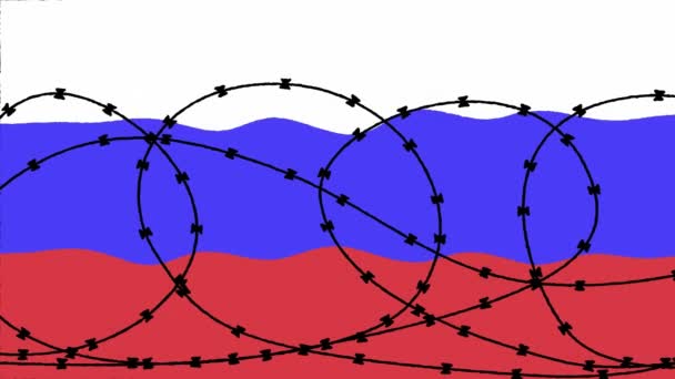 Venäjän lippu piikkilanka-animaation takana. Venäjän vastaiset pakotteet konseptivideo, maa aidan takana. Animoitu silmukka - Materiaali, video