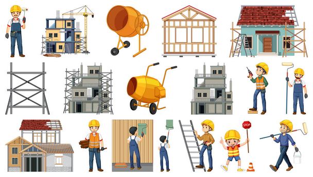 建設現場のオブジェクトと労働者のイラストのセット - ベクター画像