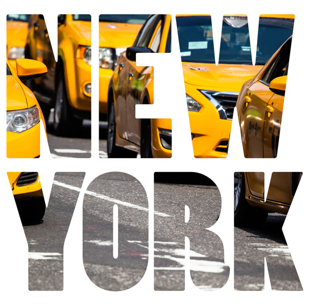 gelbes Taxi rast durch quadratische Zeiten in New York, NY, USA. - Foto, Bild