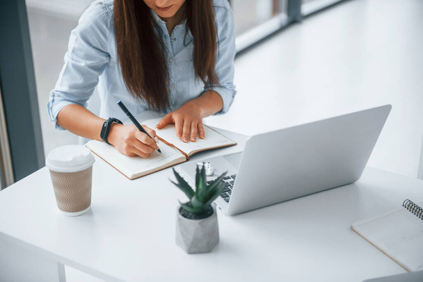 Young beautiful woman works in the office by table with notepad and plant. - Photo, image