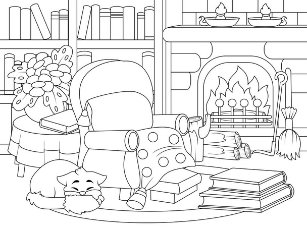 Home library interior with fireplace and cat. Cozy room. Raster, page for printable children coloring book. - Foto, imagen