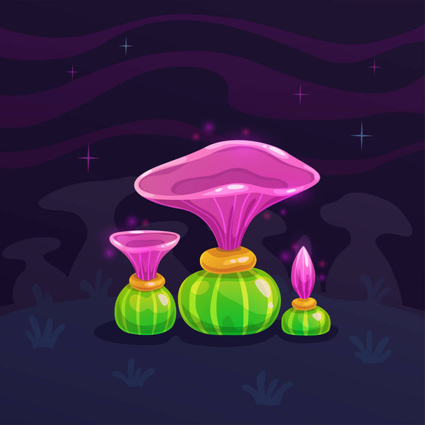 Magic cartoon night mushroom. Alien nature assets. - Vektör, Görsel