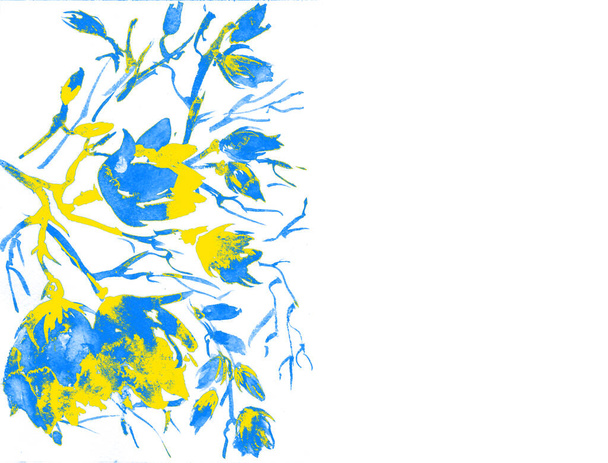 Ukraine yellow blue Watercolor spring flowers tree - Photo, Image