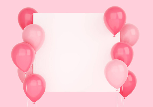 Блестящие летящие розовые воздушные шары с квадратным белым баннером 3D рендеринг иллюстрации. - Фото, изображение