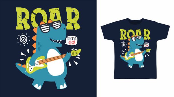 Cute dinosaurs with guitar cartoon tshirt art design - ベクター画像