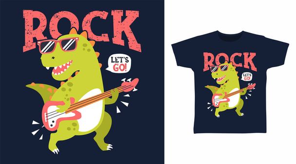 Dinosaur rock cartoon tshirt art design - Vector, Image