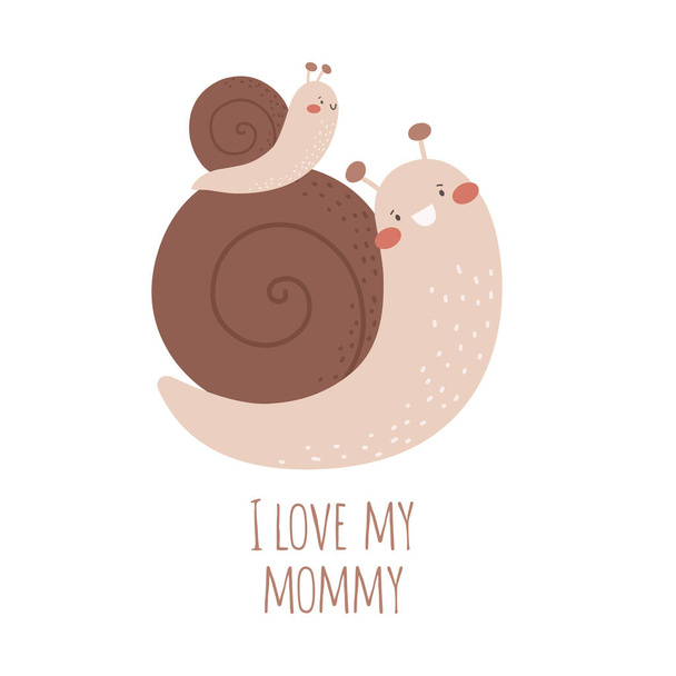 Cute little snail with her mom with the words I love my mom. Vector print for children's clothing or children's room, mother's day. - Vector, afbeelding