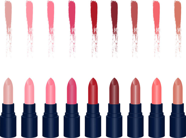 Set of colored lipsticks. Lipstick collection. Lipstick palette. Makeup. Vector illustration. - Вектор,изображение