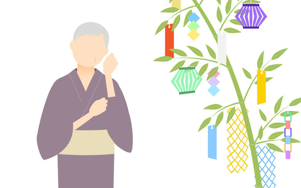 Donna anziana in yukata, Guardando un ramo di bambù Tanabata, immagine di Tanabata - Vettoriali, immagini