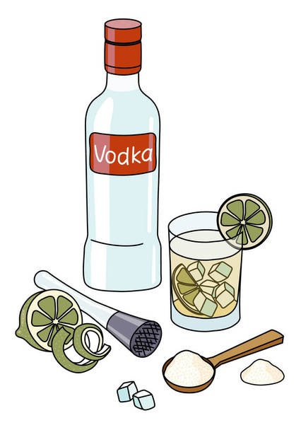 Stylish hand-drawn doodle cartoon style caipiroska cocktail composition. A bottle of vodka, sugar and lime. Goof for bar menu, cook book recipe, stickers or cards - Vektor, Bild