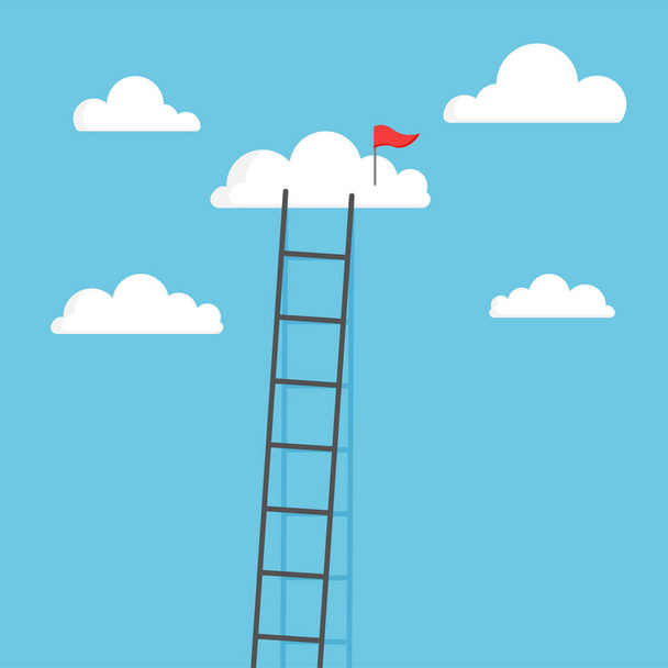 Ladder leading to cloud with red flag. Target and achievement concept. Vector illustration isolated on white background. - Vector, afbeelding