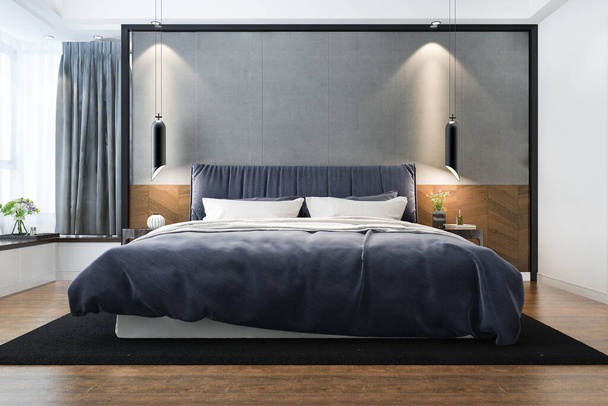 3d rendering vintage minimalista mock up dormitorio en estilo escandinavo y clásico - Foto, imagen