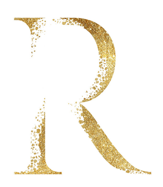 Zlaté třpytivé velké písmeno R s rozptylovým efektem izolované ilustrace, slavnostní designový prvek. Šumivý abecední symbol pro svatební přání, sváteční celiny, řemeslné práce - Fotografie, Obrázek
