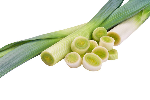 Fresh leek whole and sliced  isolated. leek with slices isolated on white background, with clipping path. - 写真・画像