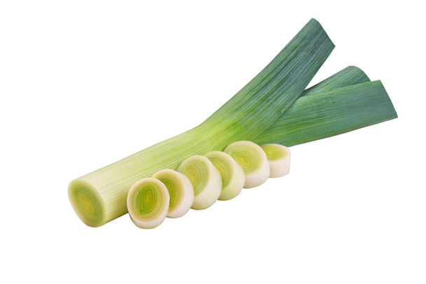 Fresh leek whole and sliced  isolated. leek with slices isolated on white background, with clipping path. - Fotó, kép