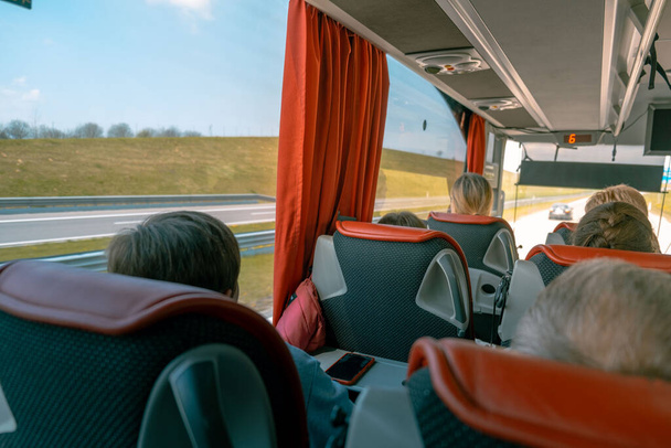 inside coach bus road trip highway - Foto, Imagen