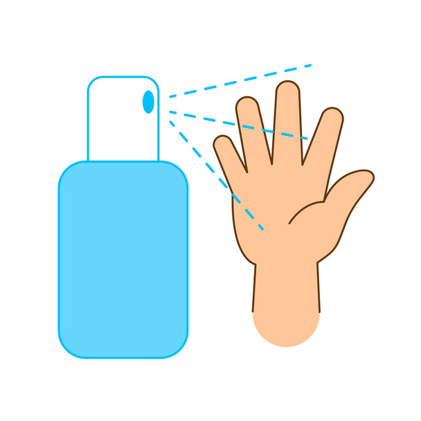 lavado de manos con aerosol de alcohol desinfectante, lavado a mano clip de dibujos animados lindo para colorear hoja de trabajo - Vector, imagen