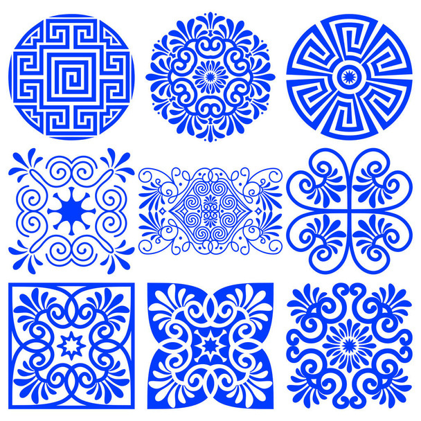 Gyűjteménye vektor kerek, négyzet alakú díszek hagyományos görög stílusban. Etnikai mediterrán kék minták elszigetelt fehér háttér. Logók, táblák, matricák tervezéséhez, nyomtatáshoz papírra - Vektor, kép