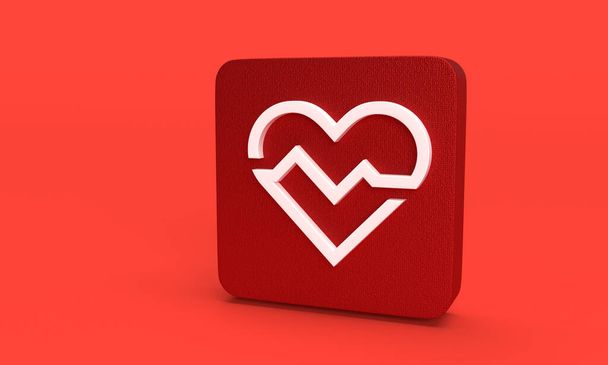 cardiograma icono del corazón como plantilla para la salud una emergencia en rectángulo redondeado contra fondo rojo. Renderizado 3D - Foto, imagen