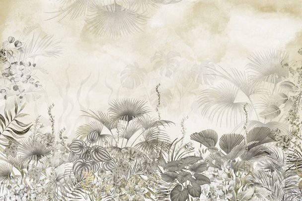Tropical palm leaves. Mural, Wallpaper for internal printing. 3D illustration - Zdjęcie, obraz