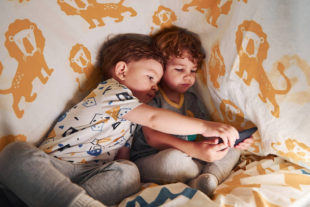 Two little boys resting and have fun indoors under blanket together with smartphone. - Fotoğraf, Görsel