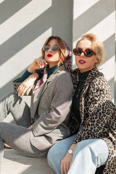 Due belle ragazze alla moda con occhiali da sole vintage in abito alla moda con cappotto di leopardo, jeans blu e abito grigio si siede e posa sulla strada vicino al muro alla luce del sole. Vestiti femminili in stile urbano - Foto, immagini
