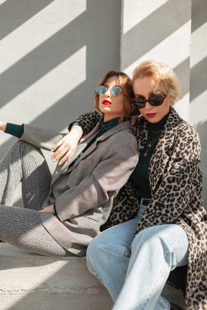 Dos mujeres de moda en abrigo de leopardo y bonito traje de vestir. Moda sesión de otoño foto - Foto, Imagen