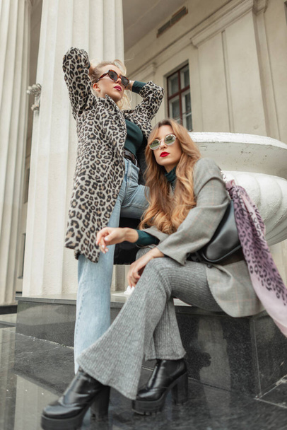 Mooie jonge glamoureuze zussen in trendy herfstkleding collectie in de stad - Foto, afbeelding