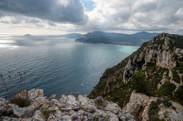 D141-es turistaút La Ciotat és Cassis között, panorámás kilátás a kék tengerre, mészkő sziklák és zöld fenyőerdők, nyaralás Provence-ban, Franciaország - Fotó, kép