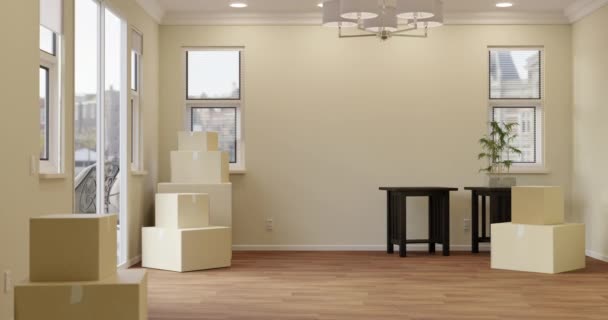 4k Pan of Empty Room of House with Only Moving Boxes and End Tables. - Video, Çekim
