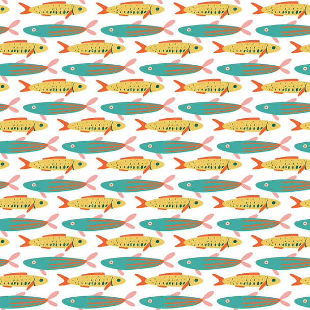 手描きの魚とベクトル幼稚なシームレスな繰り返し単純なフラットパターン。生地、壁紙、テキスタイル、アパレルのための子供のテクスチャ。海だ。海だ。魚のパターン。水族館 - ベクター画像