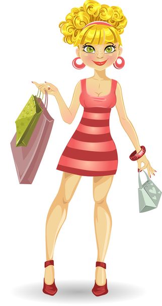Beautiful blond girl with shopping bags in pink dress - Vektor, obrázek