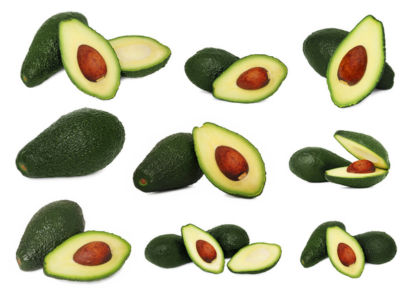 Set whole and sliced avocados (isolated) - Foto, Imagen