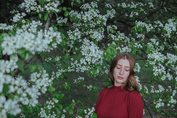 a blonde girl in red unites with nature in a garden of flowering trees - Fotografie, Obrázek