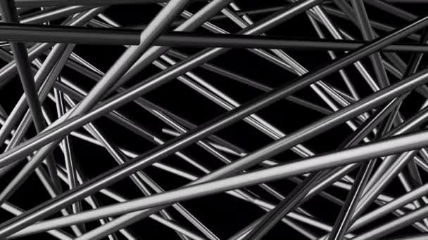 Zilverkleurige metallic achtergrond met verstrengelde rechte strepen op een zwarte achtergrond, naadloze lus. Beweging. Langzaam bewegende buis zoals lijnen, monochroom. - Video