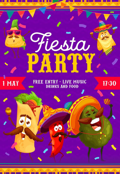 Fiesta party flyer, cartoon mexican food characters. Vector poster with burrito, jalapeno, nachos and avocado personages in traditional sombrero hats playing maracas. Cinco de Mayo holiday celebration - Вектор,изображение