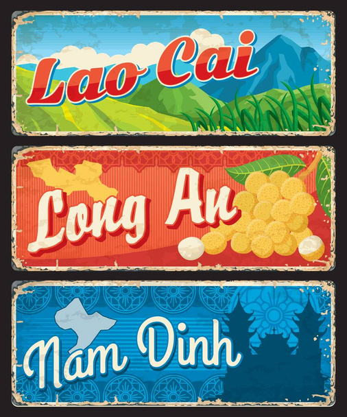 Lao Cai, Long An and Nam Dinh, Vietnamese provinces travel plates, vector stickers. Vietnam landmarks and tourism, regions and provinces welcome tin signs with city sightseeing, nature and maps - Vettoriali, immagini