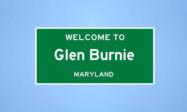 Απομονωμένο σήμα ορίου πόλης των ΗΠΑ του Glen Burnie, που βρίσκεται στην κομητεία Anne Arundel, Μέριλαντ. Τόπος όνομα υπογράψει από τις ΗΠΑ σε μπλε φόντο. - Φωτογραφία, εικόνα
