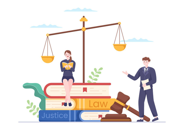 Lawyer, Attorney and Justice with Laws, Scales, Buildings, Book or Wooden Judge Hammer to Consultant in Flat Cartoon Illustration - ベクター画像