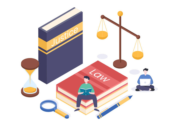Lawyer, Attorney and Justice with Laws, Scales, Buildings, Book or Wooden Judge Hammer to Consultant in Flat Cartoon Illustration - Vector, afbeelding