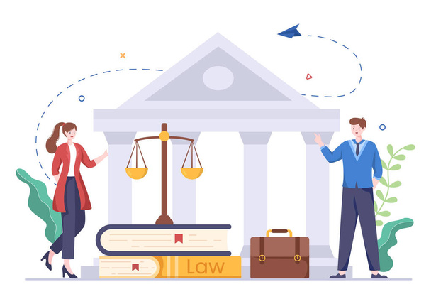 Lawyer, Attorney and Justice with Laws, Scales, Buildings, Book or Wooden Judge Hammer to Consultant in Flat Cartoon Illustration - Vector, imagen