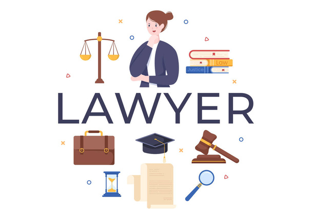 Lawyer, Attorney and Justice with Laws, Scales, Buildings, Book or Wooden Judge Hammer to Consultant in Flat Cartoon Illustration - Вектор, зображення