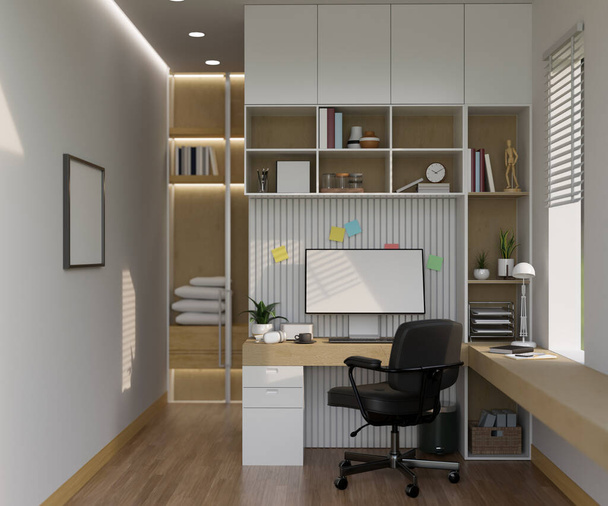 Nowoczesny minimalny pokój pracy z komputerem PC, akcesoria i materiały biurowe na drewnianym stole w kształcie litery L i wbudowane białe półki kombinacji. 3d renderowanie, ilustracja 3D - Zdjęcie, obraz