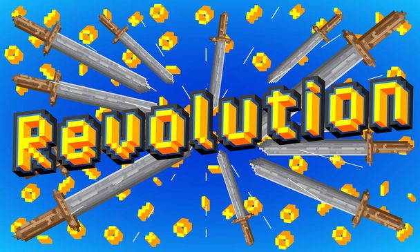 Revolution pixelated word with geometric graphic background. Vector cartoon illustration. - ベクター画像