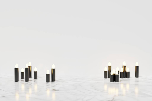 3d render of scene with black candles on a marble floor on a white background - Photo, Image